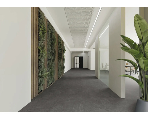 Heller moderner Büroflur mit dunklem Boden, vertikalem Garten an der Wand zwischen Holzlamellen und Glaswänden zu Büroräumen.