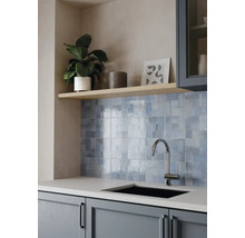 Moderne Küche mit hellblauen Wandfliesen hinter einer Spüle mit Chromarmatur und einem Holzregal darüber.