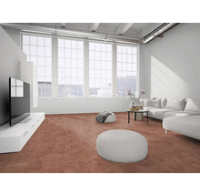 Moderner heller Wohnraum mit Teppichboden in Terrakotta weißem Sofa Fernseh-Board und großen Fenstern im Industrie-Stil