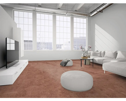 Moderner heller Wohnraum mit Teppichboden in Terrakotta weißem Sofa Fernseh-Board und großen Fenstern im Industrie-Stil