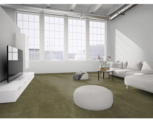 Modernes Wohnzimmer im Industriestil mit olivgrünem Teppichboden, großen Fenstern, weißem Sofa und weißem TV-Board.