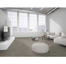 Modernes, helles Wohnzimmer im industriellen Loft-Stil mit grauem Teppichboden, großen Fenstern, weißem Ecksofa und weißem TV-Unterschrank.