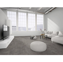 Modernes, helles Wohnzimmer mit großen Fenstern, grauem Teppichboden, weißem Sofa und industriellen Deckenrohren.