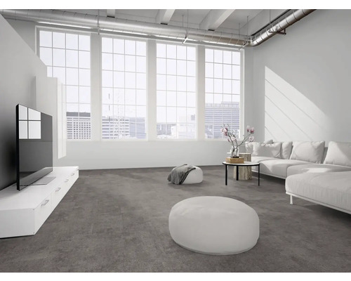 Modernes, helles Wohnzimmer mit großen Fenstern, grauem Teppichboden, weißem Sofa und industriellen Deckenrohren.