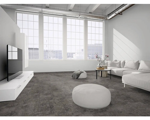 Hell eingerichtetes Wohnzimmer im Loft-Stil mit dunklem Teppichboden, großen Fenstern und weißem Sofa.