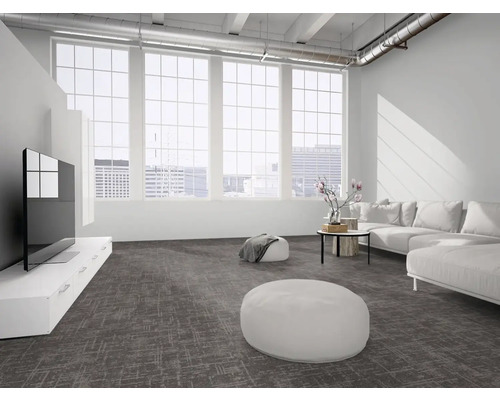 Modernes, helles Wohnzimmer mit grau gemustertem Teppichboden, weißem Sofa, TV-Board und großen Fenstern im industriellen Loft-Stil.