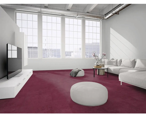 Modernes Wohnzimmer im Loft-Stil mit Teppichboden, Sofa, flachem TV-Schrank und großer Fensterfront.