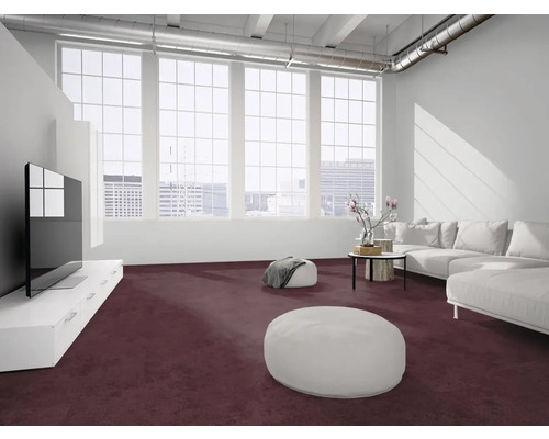Modernes, helles Wohnzimmer im Industriestil mit weinrotem Teppichboden, weißem Sofa, niedrigem Fernsehschrank und großen Fenstern.
