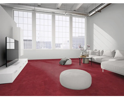 Modernes, helles Wohnzimmer mit großen Fenstern, rotem Teppichboden, weißem Sofa, Lowboard und Sitzpoufs.