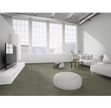 Modernes, helles Wohnzimmer mit grauem Teppichboden, weißem Sofa, Fernseher auf Lowboard und großen Fenstern im Loft-Stil.