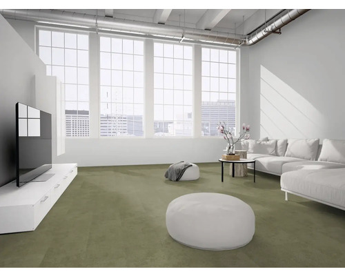 Helles, geräumiges Wohnzimmer im Loft-Stil mit olivgrünem Teppichboden, weißem Sofa, großen Fenstern und moderner Einrichtung.