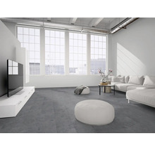 Modernes Wohnzimmer im Loft-Stil mit dunkelgrauem Bodenbelag, großen Fenstern, weißem Sofa und hellem Lowboard.