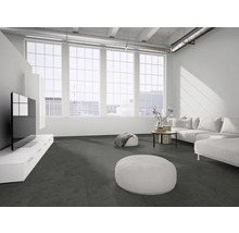 Modernes, helles Wohnzimmer im Loft-Stil mit grauem Teppichboden, weißem Sofa, großen Fenstern und weißem TV-Board.