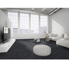 Moderner Wohnbereich mit dunklem Teppichboden, weißem Sofa, niedrigem Sideboard mit Fernseher und großen Sprossenfenstern im Loft-Stil.