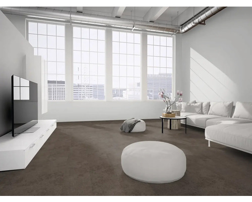 Modernes, helles Wohnzimmer im Loft-Stil mit dunkelbraunem Teppichboden, weißen Möbeln und großen Fenstern.