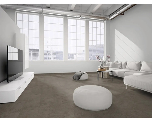 Modernes, helles Wohnzimmer im Industriestil mit grauem Teppichboden, großen weißen Fenstern, weißem Ecksofa, TV-Board und Sitzpuffs.