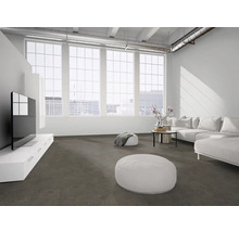 Modernes Wohnzimmer im Loft-Stil mit großen Fenstern, weißem Sofa und dunkelgrauem Teppichboden.