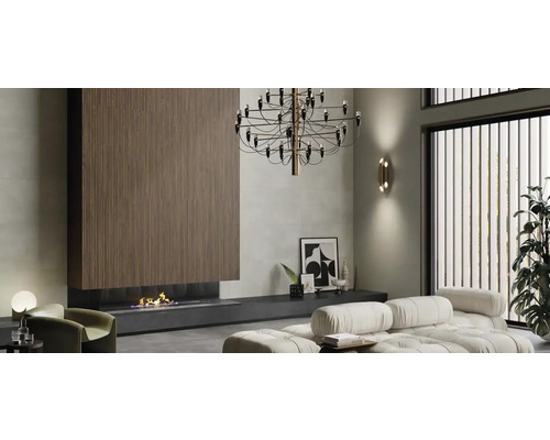 Modernes Wohnzimmer mit Kamin, Wandpaneelen, Beleuchtung und Sofa