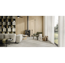 Wohnzimmer mit Kaminofen, Sofa, Sessel und Bücherregal