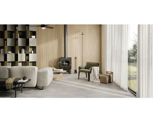 Wohnzimmer mit Kaminofen, Sofa, Sessel und Bücherregal