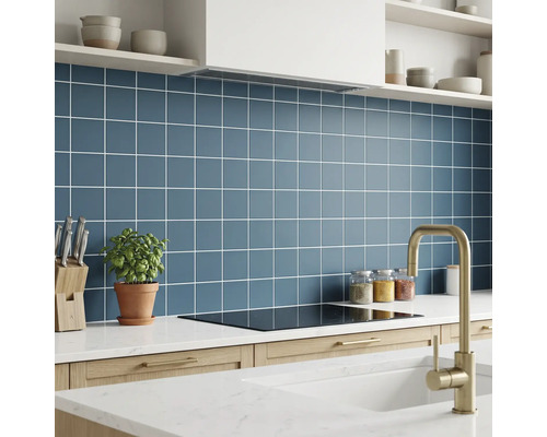 Moderne Küche mit quadratischen blauen Wandfliesen, weißen Fugen, weißer Arbeitsplatte, Induktionskochfeld und goldfarbenem Wasserhahn.
