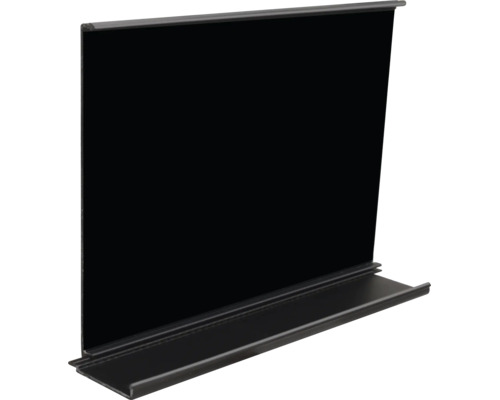 Schwarze Rückwand aus Metall für Regalsysteme.