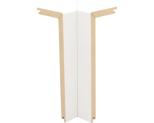 Eckprofil für Sockelleisten oder Paneele aus weißem MDF, 90 Grad Winkel.