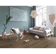 Modernes Wohnzimmer mit dunklem Bodenbelag in Holzoptik, grauem Sofa, Korbsessel, Zimmerpflanze und hellem Ambiente.