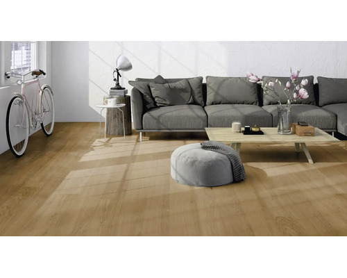 Modernes Wohnzimmer mit hellem Boden in Eichenoptik, einem grauen Sofa, einem Couchtisch aus Holz und einem Fahrrad an der Wand.