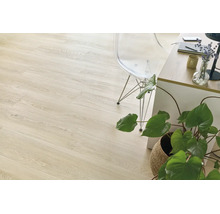 Heller Laminatboden in Holzoptik in einem modern eingerichteten Arbeitszimmer mit transparentem Stuhl und einer Pflanze.