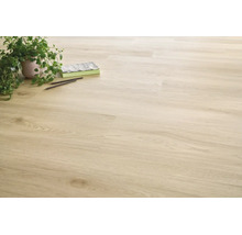 Heller Laminatboden in Holzoptik verlegt in einem Raum mit Zimmerpflanze und Dekoration.