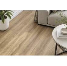 Wohnzimmer mit hellem Holzoptik Laminatboden, eingerichtet mit einem Sofa, Beistelltisch und einer Zimmerpflanze für ein wohnliches Ambiente.