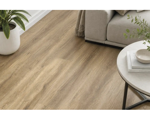 Wohnzimmer mit hellem Holzoptik Laminatboden, eingerichtet mit einem Sofa, Beistelltisch und einer Zimmerpflanze für ein wohnliches Ambiente.