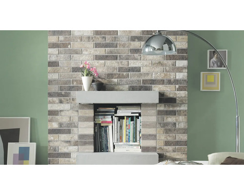 Wohnzimmerwand mit einer Verblendung aus Steinriemchen in Ziegeloptik, kombiniert mit einem Kaminregal voller Bücher und einer modernen Bogenlampe.