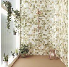 Badezimmer mit Wandfliesen in Steinoptik, gemustert in quadratischer Verlegung, kombiniert mit einer Duscharmatur und verschiedenen Zimmerpflanzen.