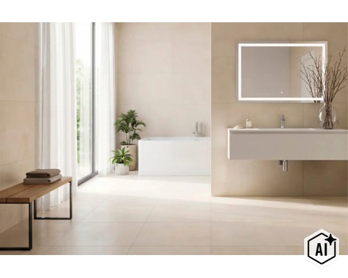 Modernes Badezimmer mit Badewanne, wandhängendem Waschtisch, LED Spiegel, Holzbank und hellen Fliesen in einer hellen und geräumigen Atmosphäre. (Image AI modified or generated)