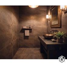 Modernes Badezimmer mit Waschtisch, Aufsatzwaschbecken, Wandleuchten und Fliesen in Steinoptik für eine elegante und stimmungsvolle Atmosphäre. (Image AI modified or generated)