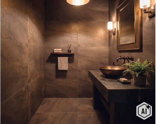 Modernes Badezimmer mit Waschtisch, Aufsatzwaschbecken, Wandleuchten und Fliesen in Steinoptik für eine elegante und stimmungsvolle Atmosphäre. (Image AI modified or generated)