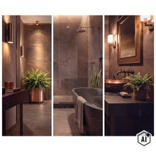 Modernes Badezimmer mit dunklen Fliesen, freistehender Badewanne, begehbarer Dusche und eleganten Armaturen in einem minimalistischen Design. (Image AI modified or generated)