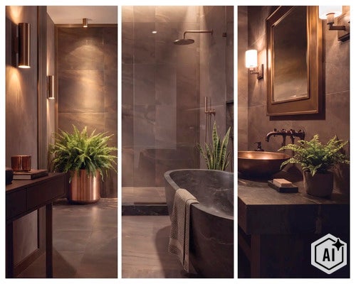 Modernes Badezimmer mit dunklen Fliesen, freistehender Badewanne, begehbarer Dusche und eleganten Armaturen in einem minimalistischen Design. (Image AI modified or generated)