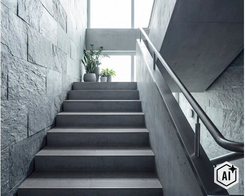 Moderne Betontreppe in einem hellen Treppenhaus mit Natursteinwand und Metallgeländer sowie Grünpflanzen auf dem Treppenpodest. (Image AI modified or generated)