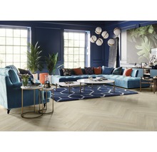 Wohnzimmer mit Sofa, Couchtisch, Teppich und Parkettboden