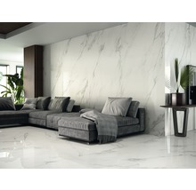 Helles Wohnzimmer mit grauer Couch, Zimmerpflanzen und Wand- sowie Bodenfliesen in Marmoroptik.