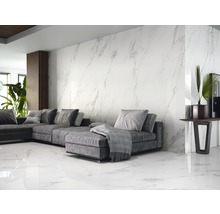 Wohnzimmer mit grauer Couch, Dekoration und Wand- und Bodenfliesen in Marmoroptik