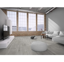 Heller Wohnraum mit Sofa, Fenstern und Bodenbelag