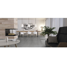 Wohnzimmer mit Kamin, Esstisch und Sitzgelegenheit