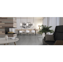 Heller Wohnraum mit Esstisch, Stühlen, Kamin und Dekoration