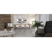 Wohnzimmer mit Kamin, Esstisch und Stühlen in hellem Design