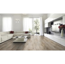 Heller Wohnraum mit Sofa, Couchtisch und Laminatboden in Holzoptik.