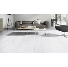 Wohnzimmer mit heller Holzbodenfläche, Sofa, Tisch und Stuhl